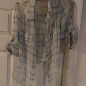Plaid Button-Up Shirt with Lace Detail